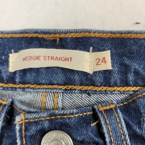 Levis Premium Womens 24 x 25 Blue Jeans Wedgie Straight Big E Raw Hem Button Fly - Picture 2 of 12